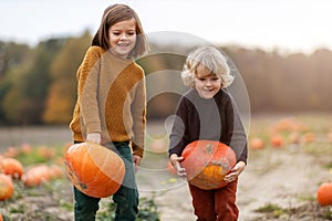Two little boys having fun in a pumpkin patch