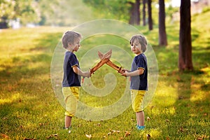 Two little boys, holding swords, glaring with a mad face at each