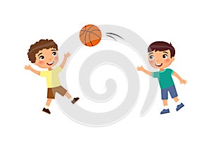 Two little boys play basketball flat vector illustration.