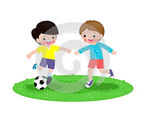 Two little Boys play football, happy Children playing soccer in the park isolated on white Vector illustration.