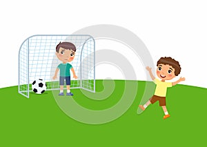 Two little boys are playing soccer flat  illustration.Child scored a goal and enjoys the win.