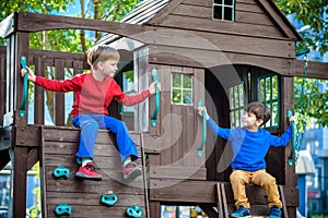 Two little boys playing together and having fun. Lifestyle family moment of siblings on playground. Kids friends play on tree