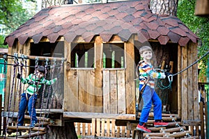 Two little boys playing together and having fun. Lifestyle family moment of siblings on playground. Kids friends play on tree