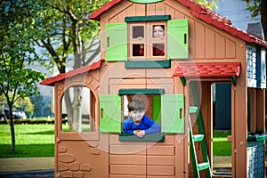 Two little boys playing together and having fun. Lifestyle family moment of siblings on playground. Kids friends play on tree