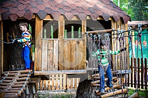 Two little boys playing together and having fun. Lifestyle family moment of siblings on playground. Kids friends play on tree