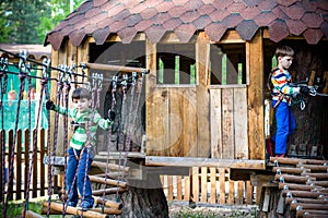 Two little boys playing together and having fun. Lifestyle family moment of siblings on playground. Kids friends play on tree