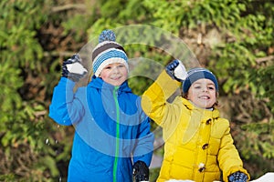 Two little boys with snowballs in the park