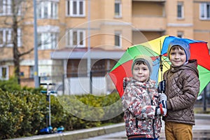 Two little boys, squat on a puddle, with little umbrellas