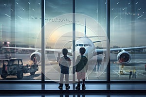 Two little boys watch through the airport window for standing plane