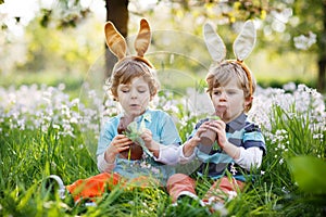 Two little boys wearing Easter bunny ears and eating chocolate