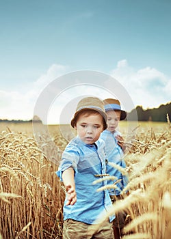 Two little brothers in the wheat field