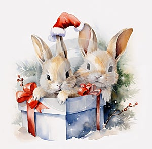 two little bunnies with a box, bow, Santa Claus hat, Christmas tree branches,