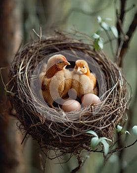 Two little chickens and eggs in nest. Some chickens on straw in a nest full of eggs