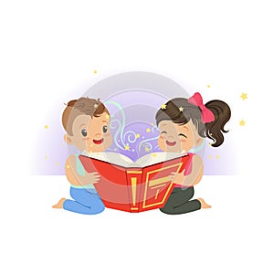 Two little children reading magic book with fantasy stories. Cartoon boy and girl characters. Childhood and kid