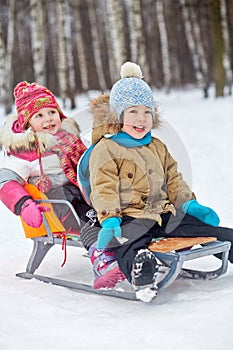 Two little children sit in sledge