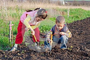 Two little children weed beds