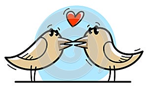 Two little cute birds lovers romantic kissing funny cartoon flat vector illustration