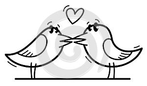 Two little cute birds lovers romantic kissing funny cartoon flat vector illustration isolated