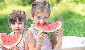 Two little cute girls eating watermelon outdoors