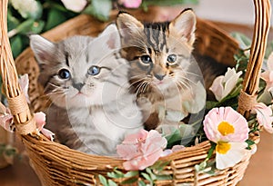 Two little cute kittens sitting in a basket with flowers