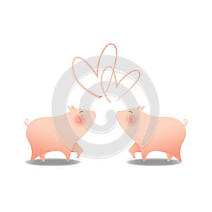 Two little cute pigs smile with big pink cheek facing each other with heart shape upper for love emotion , white background