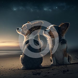 Two little dogs sitting on a beach in the evening looking up into the night sky