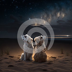 Two little dogs sitting on a beach in the evening looking up into the night sky