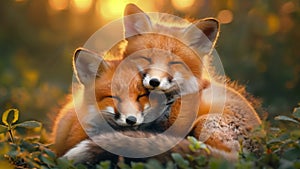 Two little foxes are sleeping carelessly in the forest at dawn. Funny animals concept.