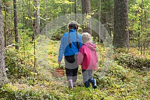 Two little girls carrying wicker baskets for gathering mushrooms and berries hiking in a forest in fall season