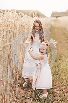 Two little girls collect spikelets in a wheat field
