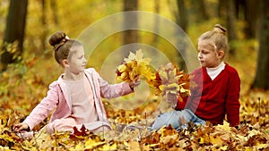 Two little girls are gathering a bouquet of autumn leaves