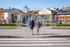 Two little girls go to school, holding hands, back view