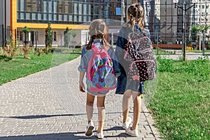 Two little girls go to school, holding hands, back view
