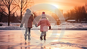 Two little girls holding hands, skating outdoor in winter at sunset