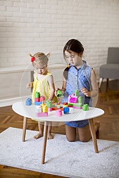 Two little girls play with blocks in the room