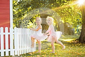 The two little girls at playground against park or green forest