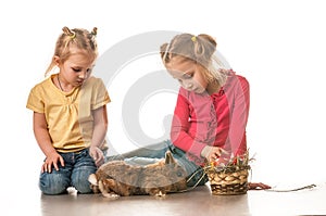 Two little girls playing with Easter bunny on a white background