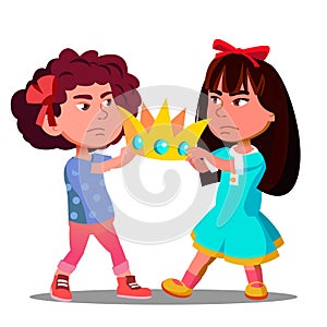Two Little Girls Pulling Out The Crown From Hands Of Each Other Vector. Isolated Illustration