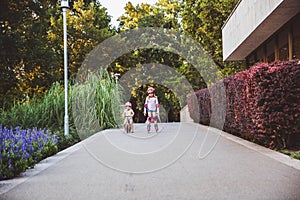 Two little girls rides on rollers and runbike in summer park. Children wearing protection pads and safety helmet for