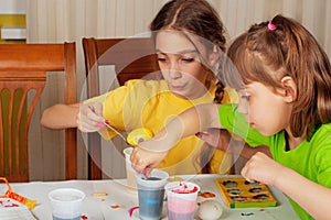 Two little girls (sisters) painting on Easter eggs