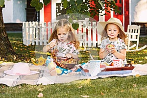 Two little girls sitting on green grass