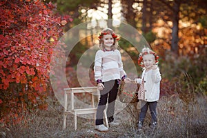 Two little girls walk outdoors in the Park during the Golden autumn