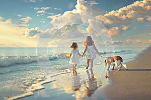 Two little girls are walking along the seashore with a dog.