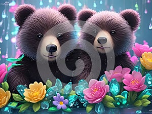 two little grumpy bears in the flower garden