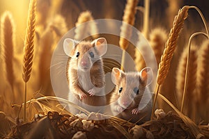 Two little hamsters in wheat field. Generative AI