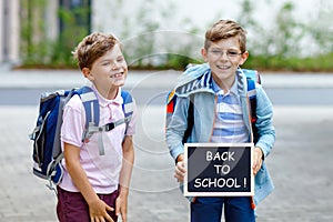 Two little kid boys with backpack or satchel. Schoolkids on the way to school. Healthy children, brothers and best