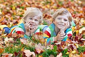 Two little kid boys laying in autumn leaves in colorful clothing