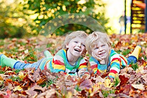 Two little kid boys laying in autumn leaves in colorful clothing