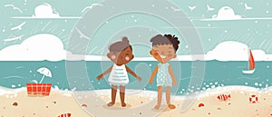 Two little kids playing on the beach. Summer, vacation, sun, happiness, seaside. Flat illustration for web