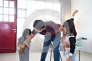 Two little kids, sister fighting over a toy. the conflict between children.